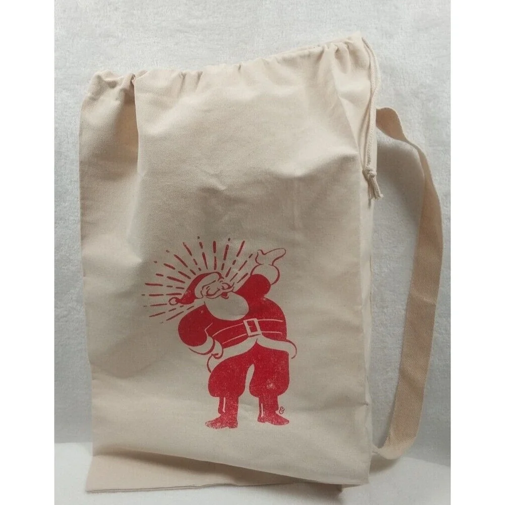 Retro Style Santa Large Canvas Tote Gift Bag Shopping Christmas 24x15 Drawstring